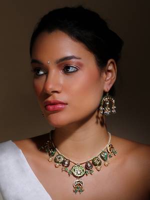 Green cream and gold drop earring with kundan & pearls 1