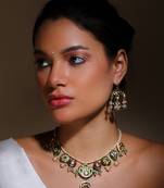 Green cream and gold drop earring with kundan & pearls