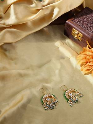 Green cream and gold drop earring with kundan & pearls 2