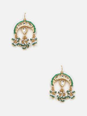 Green cream and gold drop earring with kundan & pearls 3