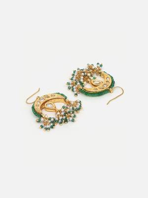 Green cream and gold drop earring with kundan & pearls 4