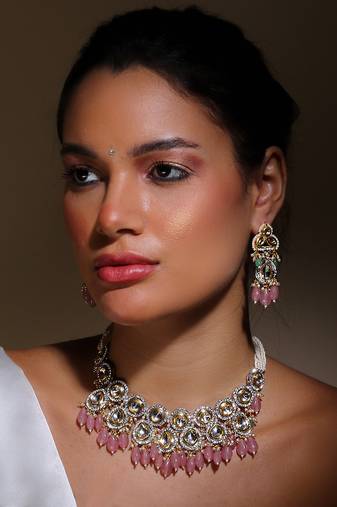 Pink & green drop earring with kundan & american diamonds