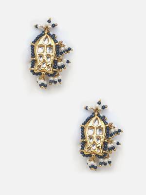 Blue & cream drop earring with kundan & pearls 3