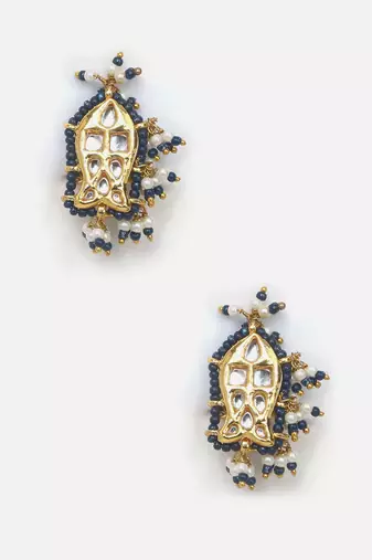 Blue & cream drop earring with kundan & pearls