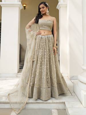  ivory sequins net lehenga set choli with dupatta 1