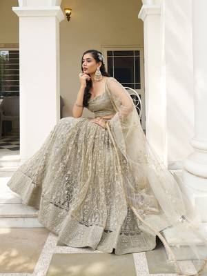  ivory sequins net lehenga set choli with dupatta 2