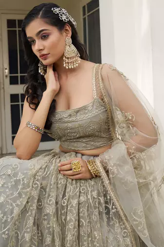  ivory sequins net lehenga set choli with dupatta