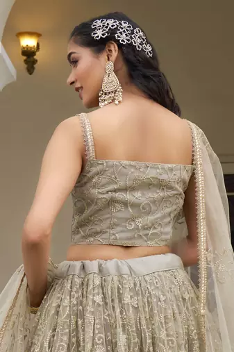  ivory sequins net lehenga set choli with dupatta