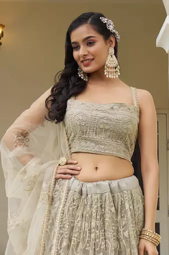  ivory sequins net lehenga set choli with dupatta
