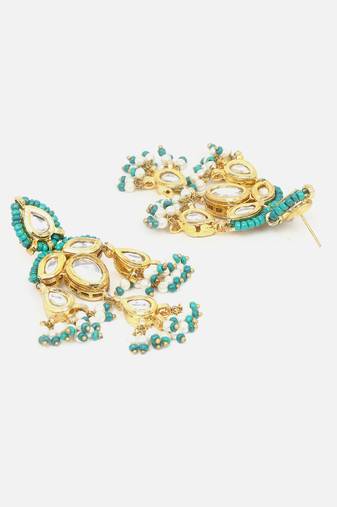 Green, white and cream drop earring with kundan & pearls