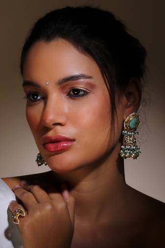 Green & cream drop earring with kundan & american diamonds