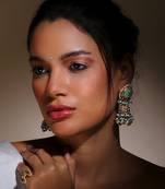 Green & cream drop earring with kundan & american diamonds