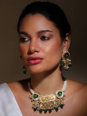 Green & cream drop earring with kundan, pearls and natural stones 1