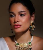 Green & cream drop earring with kundan, pearls and natural stones