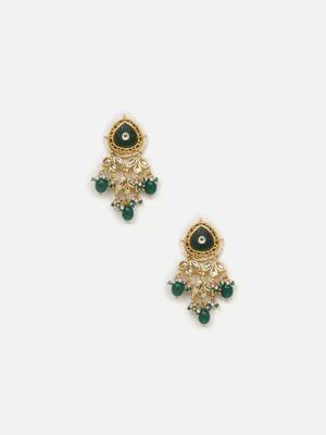 Green & cream drop earring with kundan, pearls and natural stones 3