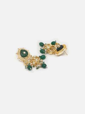 Green & cream drop earring with kundan, pearls and natural stones 4