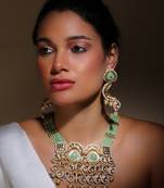 Green, white and cream drop earring with kundan, pearls and natural stones