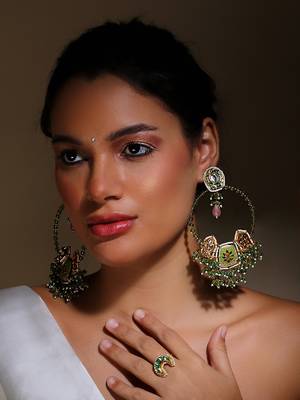 Green & peach drop earring with kundan & pearls 1