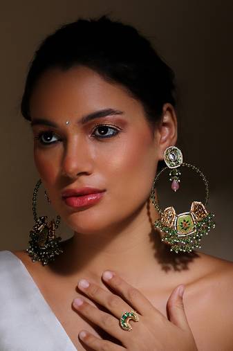 Green & peach drop earring with kundan & pearls