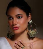 Green & peach drop earring with kundan & pearls