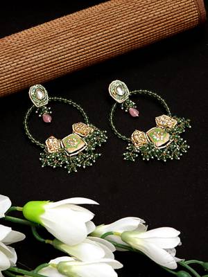 Green & peach drop earring with kundan & pearls 2