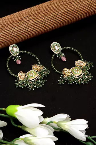 Green & peach drop earring with kundan & pearls
