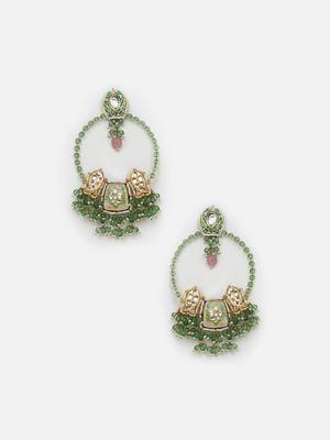 Green & peach drop earring with kundan & pearls 3