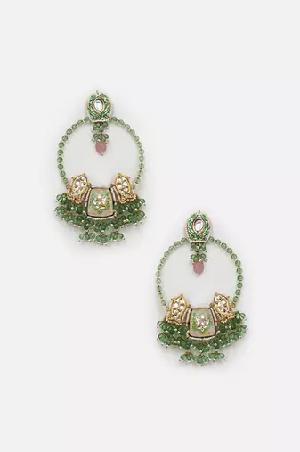 Green & peach drop earring with kundan & pearls