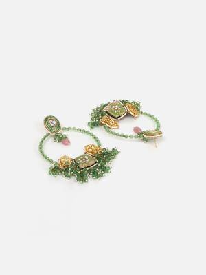 Green & peach drop earring with kundan & pearls 4