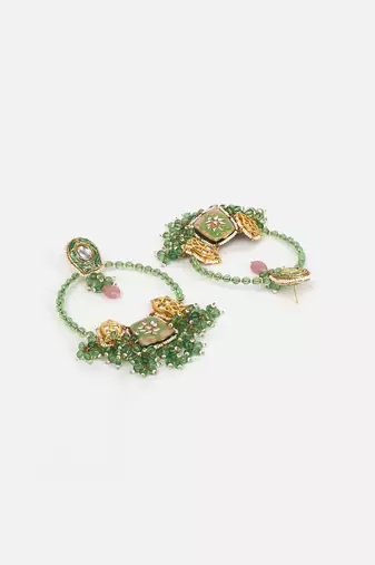 Green & peach drop earring with kundan & pearls