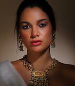 Orange & green drop earring with kundan & pearls