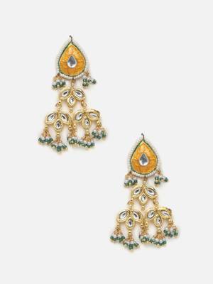 Orange & green drop earring with kundan & pearls 3