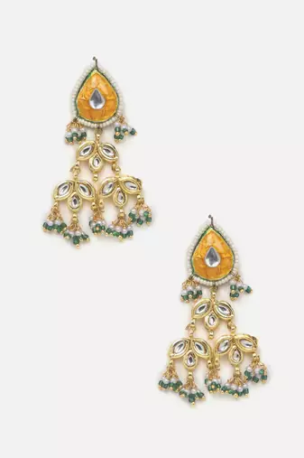 Orange & green drop earring with kundan & pearls