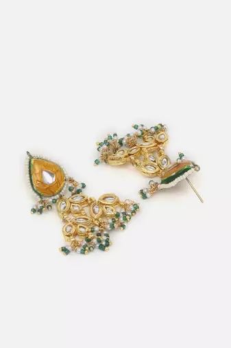 Orange & green drop earring with kundan & pearls