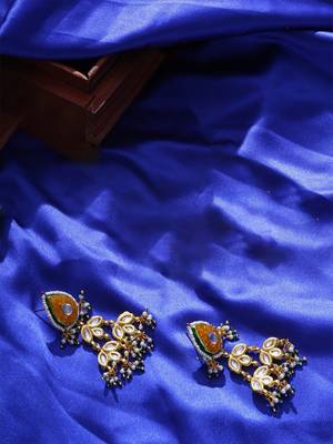 Orange & green drop earring with kundan & pearls 5