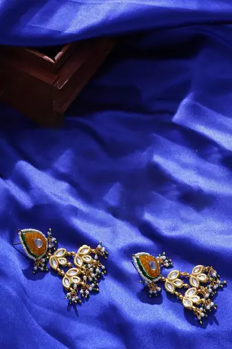 Orange & green drop earring with kundan & pearls