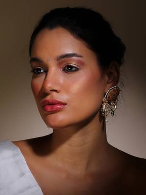 Peach & yellow drop earring with kundan & pearls 1
