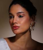 Peach & yellow drop earring with kundan & pearls