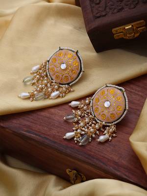 Peach & yellow drop earring with kundan & pearls 2