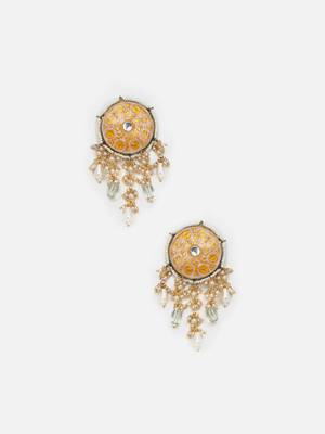 Peach & yellow drop earring with kundan & pearls 3