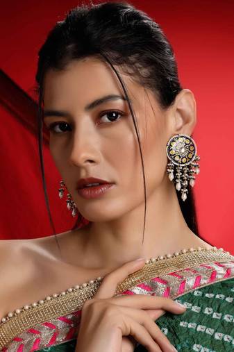 Blue & yellow drop earring with kundan & pearls