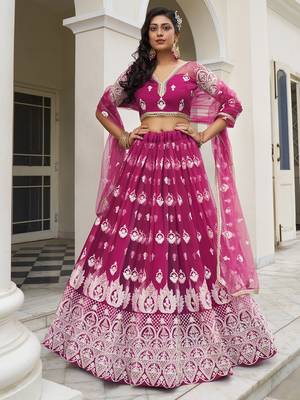 bewitching rani pink thread work net lehenga set choli with dupatta 1