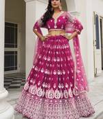 Bewitching Rani Pink Thread Work Net Sangeet Wear Lehenga Choli