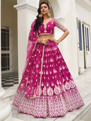 bewitching rani pink thread work net lehenga set choli with dupatta 2