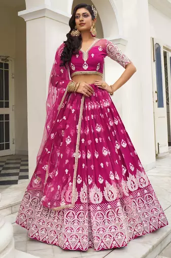 bewitching rani pink thread work net lehenga set choli with dupatta
