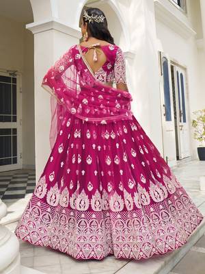 bewitching rani pink thread work net lehenga set choli with dupatta 3