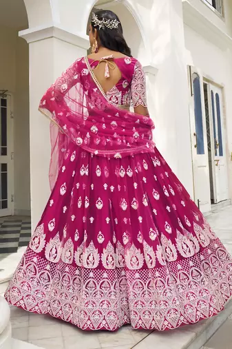 bewitching rani pink thread work net lehenga set choli with dupatta