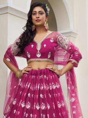 bewitching rani pink thread work net lehenga set choli with dupatta 4