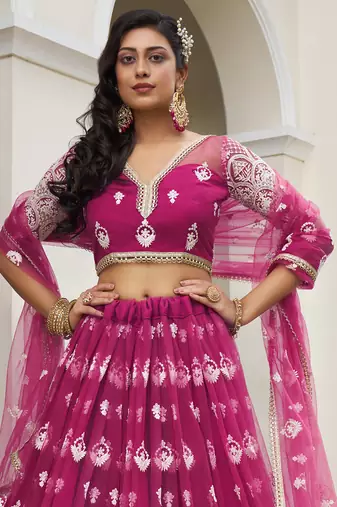 bewitching rani pink thread work net lehenga set choli with dupatta