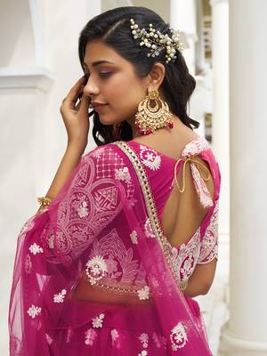 bewitching rani pink thread work net lehenga set choli with dupatta 5